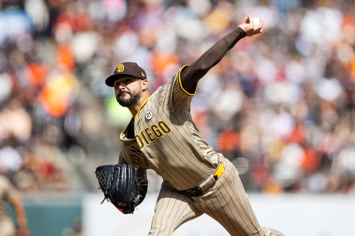 Sep 15, 2024; San Francisco, California, USA;  San Diego Padres pitcher Martín Pérez (54) throws a pitch during the third inning against the San Francisco Giants at Oracle Park. Mandatory Credit: Bob Kupbens-Imagn Images