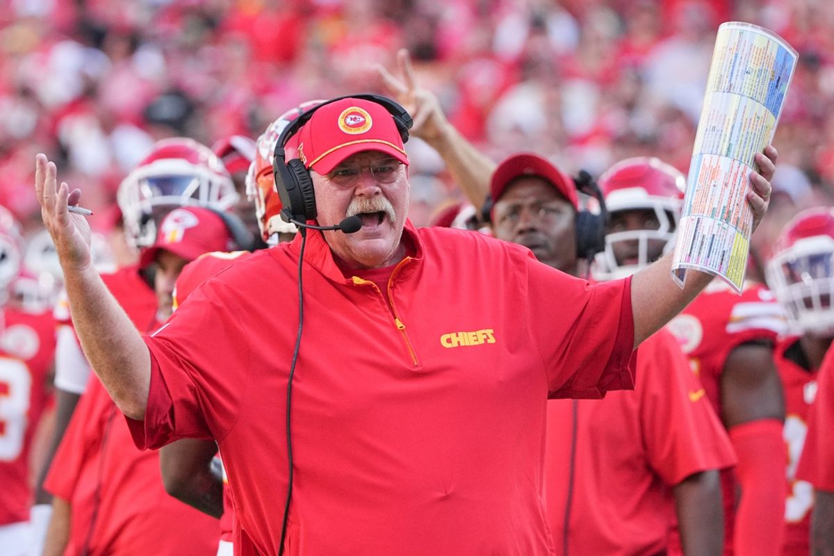 Sep 15, 2024; Kansas City, Missouri, USA; Kansas City Chiefs head coach Andy Reid reacts to a no-call against the Kansas City Chiefs during the first half at GEHA Field at Arrowhead Stadium. Mandatory Credit: Denny Medley-Imagn Images