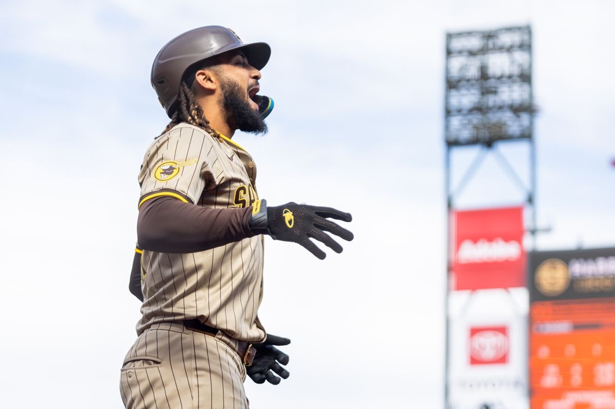 Sep 15, 2024; San Francisco, California, USA; San Diego Padres outfielder Fernando Tatis, Jr. (21) celebrates his solo home run during the eighth inning against the San Francisco Giants at Oracle Park. Mandatory Credit: Bob Kupbens-Imagn Images