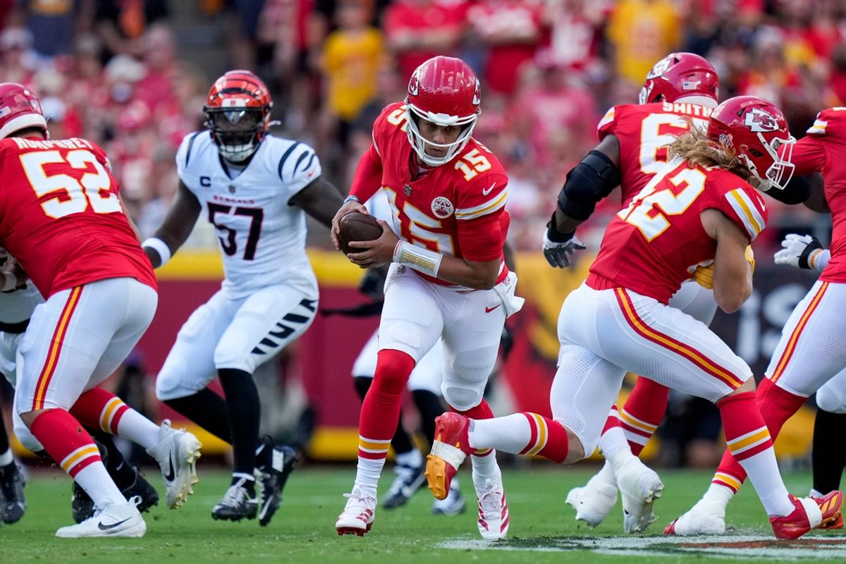 Kansas City Chiefs quarterback Patrick Mahomes (15) runs out of the pocket in the first quarter of the NFL Week 2 game between the Kansas City Chiefs and the Cincinnati Bengals at Arrowhead Stadium in Kansas City on Sunday, Sept. 15, 2024. The Bengals led 16-10 at halftime.