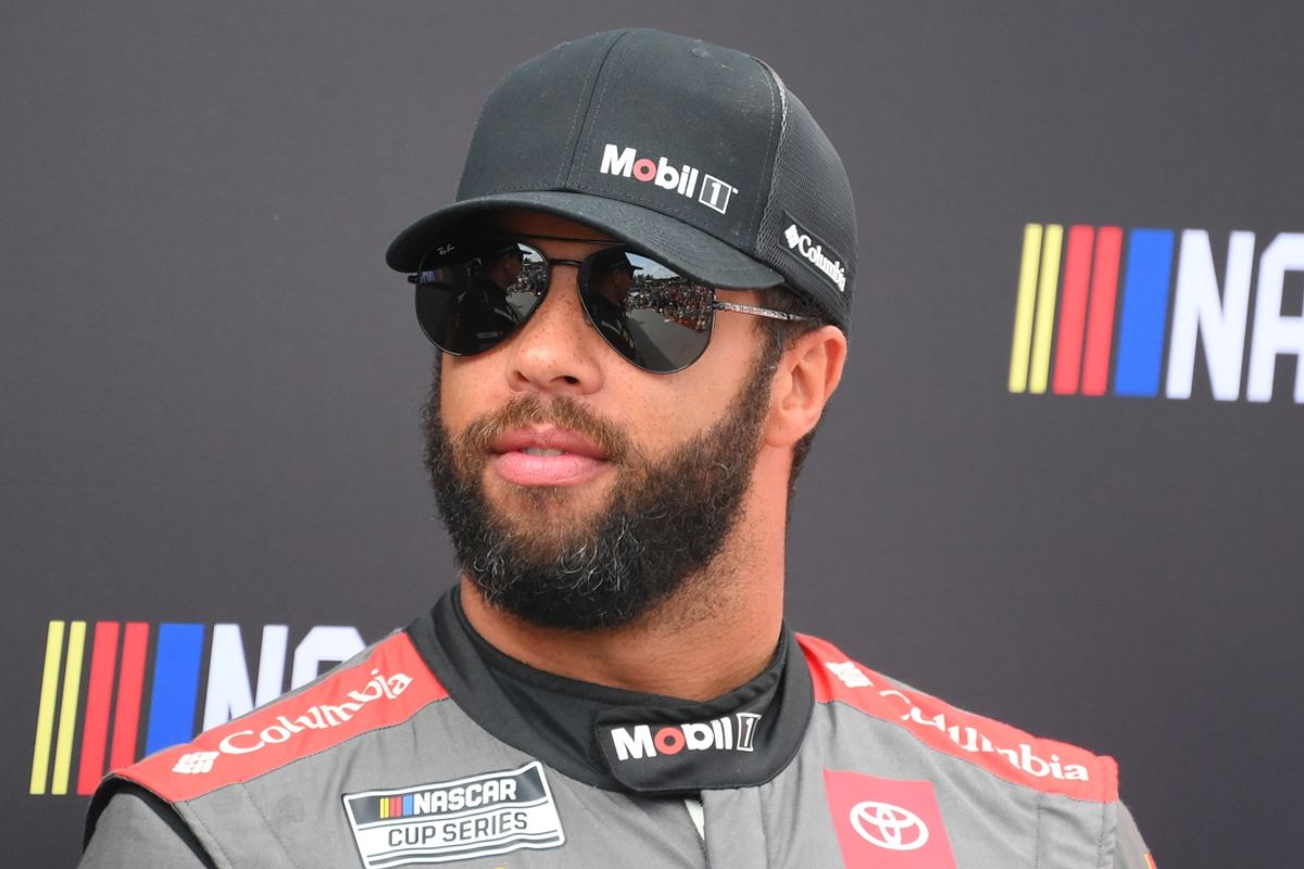 Sep 15, 2024; Watkins Glen, New York, USA; NASCAR Cup Series driver Bubba Wallace (23) looks on prior to the start of the Go Bowling at The Glen at Watkins Glen International. Mandatory Credit: Rich Barnes-Imagn Images