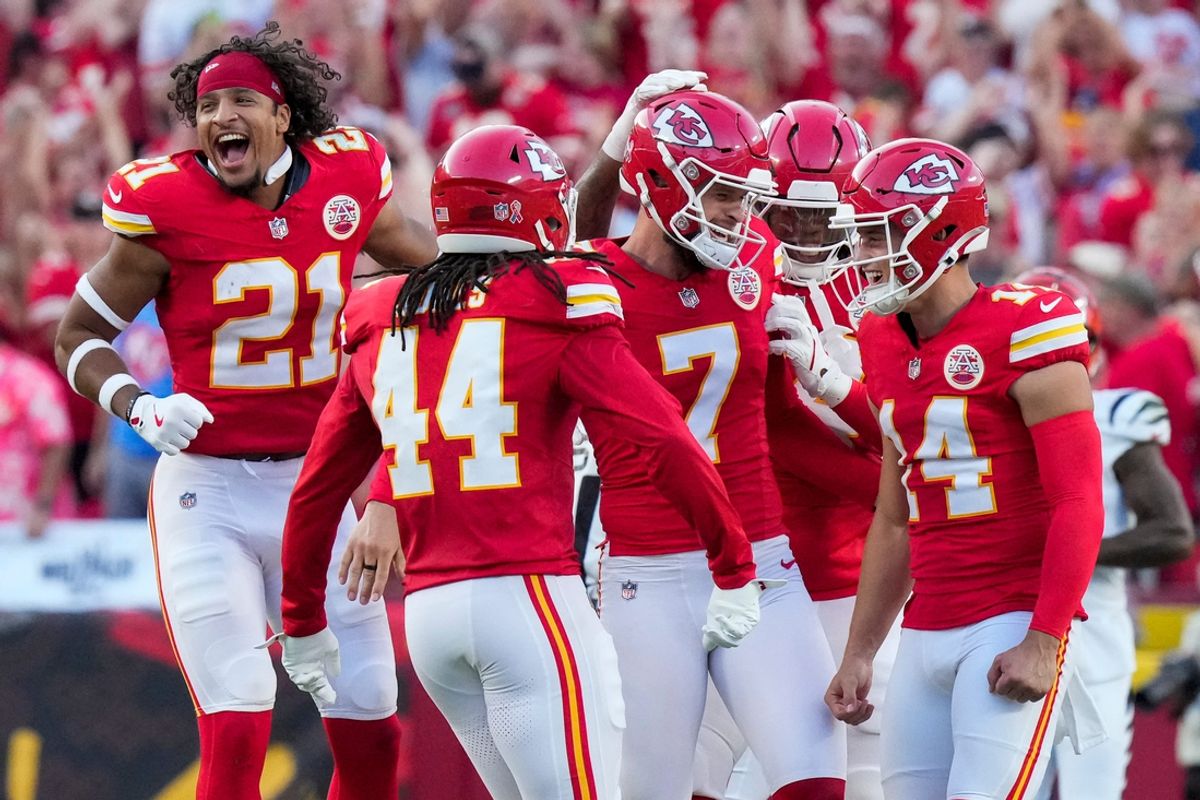 Kansas City Chiefs place kicker Harrison Butker (7) celebrates after kicking the game-winning field goal as time expires in the fourth quarter of the NFL Week 2 game between the Kansas City Chiefs and the Cincinnati Bengals at Arrowhead Stadium in Kansas City on Sunday, Sept. 15, 2024. The Chiefs took a 26-25 win with a go-ahead field goal as time expired.