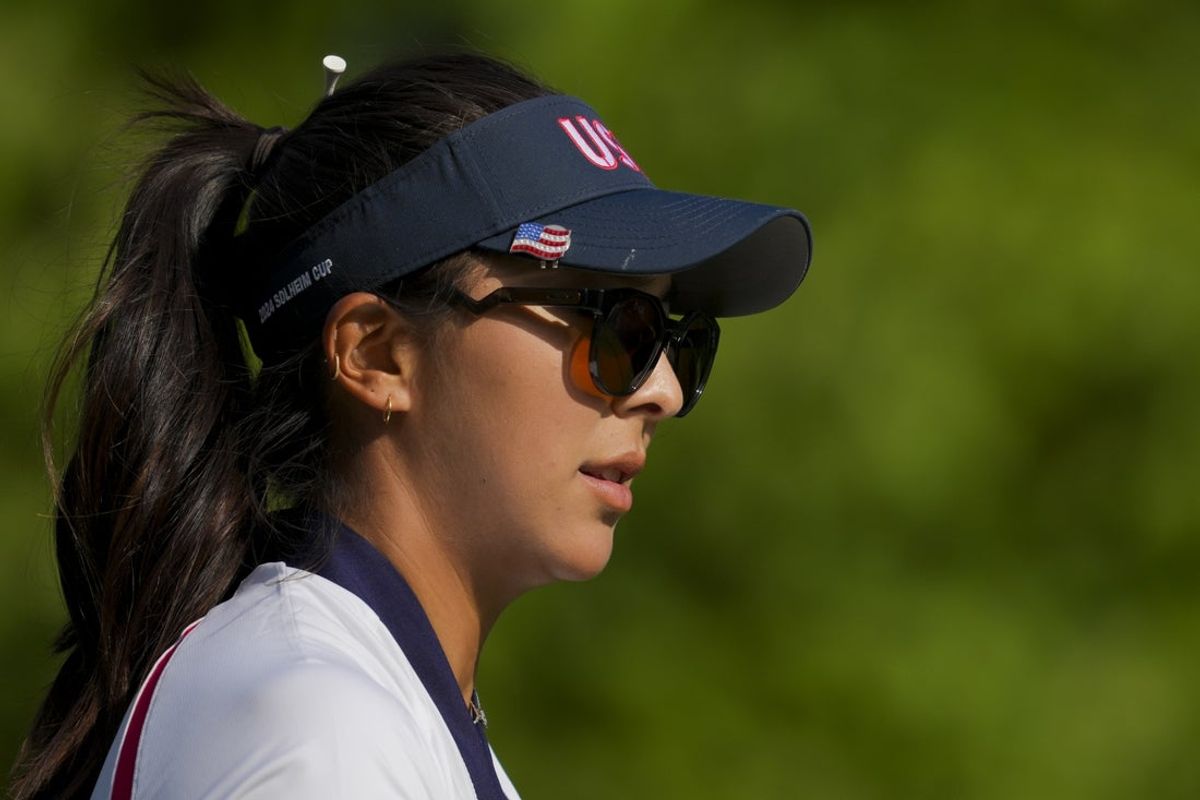 Sep 15, 2024; Gainesville, Virginia, USA; Alison Lee of Team USA plays her shot from the third tee during single matches against Team Europe during the Solheim Cup 2024 at Robert Trent Jones Golf Club. Mandatory Credit: Aaron Doster-Imagn Images