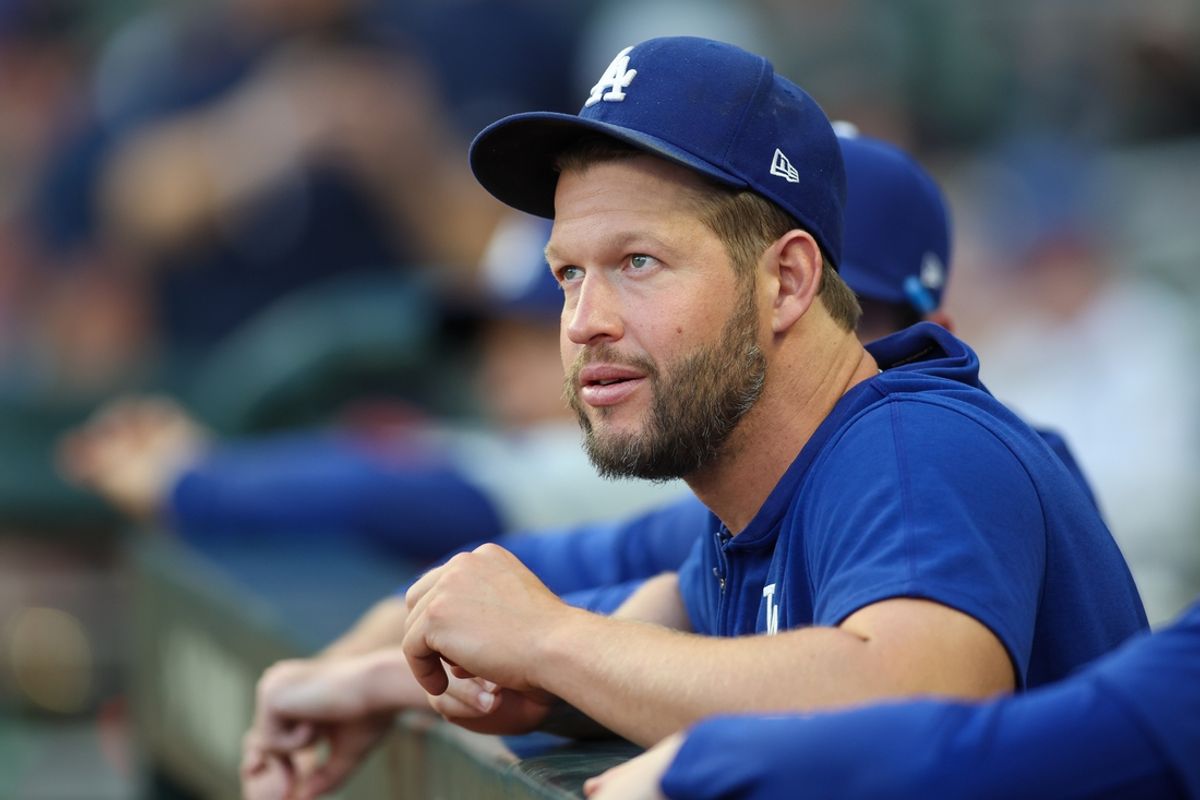 Sep 16, 2024; Atlanta, Georgia, USA; Los Angeles Dodgers starting pitcher Clayton Kershaw (22) in the dugout before a game against the Atlanta Braves at Truist Park. Mandatory Credit: Brett Davis-Imagn Images