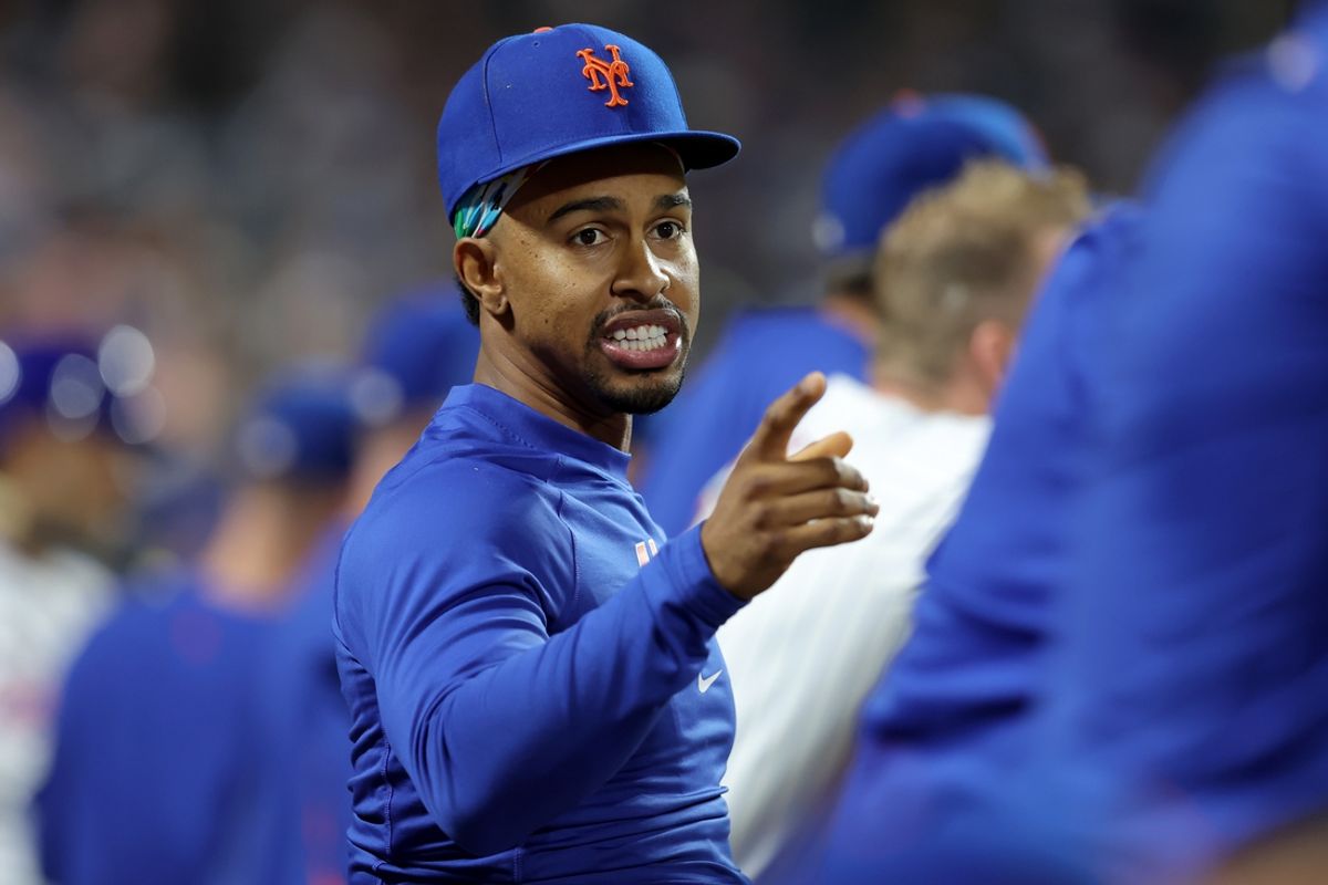 Sep 16, 2024; New York City, New York, USA; New York Mets shortstop Francisco Lindor (12) talks to teammates in the dugout during the fifth inning against the Washington Nationals at Citi Field. Mandatory Credit: Brad Penner-Imagn Images