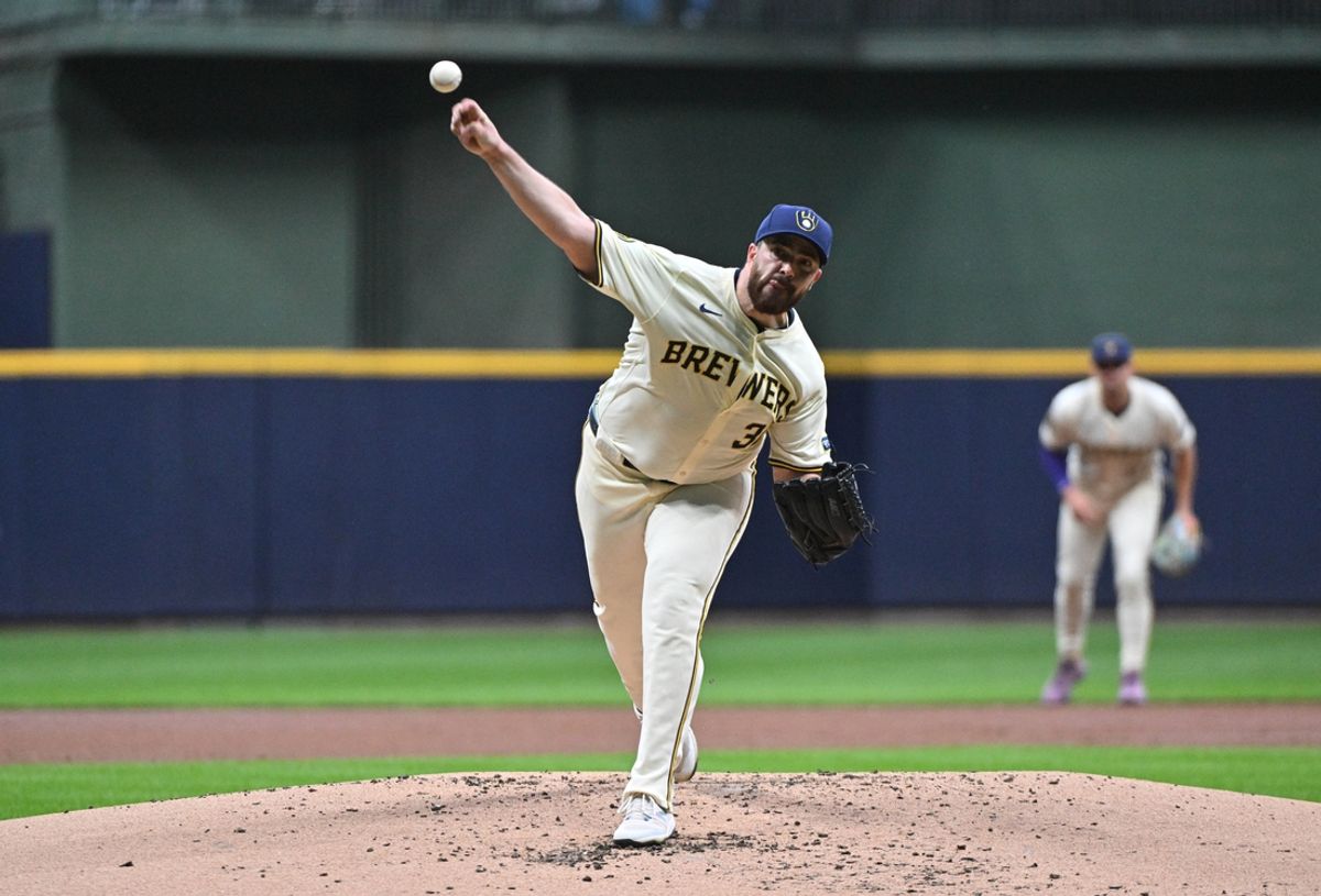 Sep 16, 2024; Milwaukee, Wisconsin, USA; Milwaukee Brewers pitcher Aaron Civale (32) delivers a pitch against the Philadelphia Phillies in the second inning at American Family Field. Mandatory Credit: Michael McLoone-Imagn Images