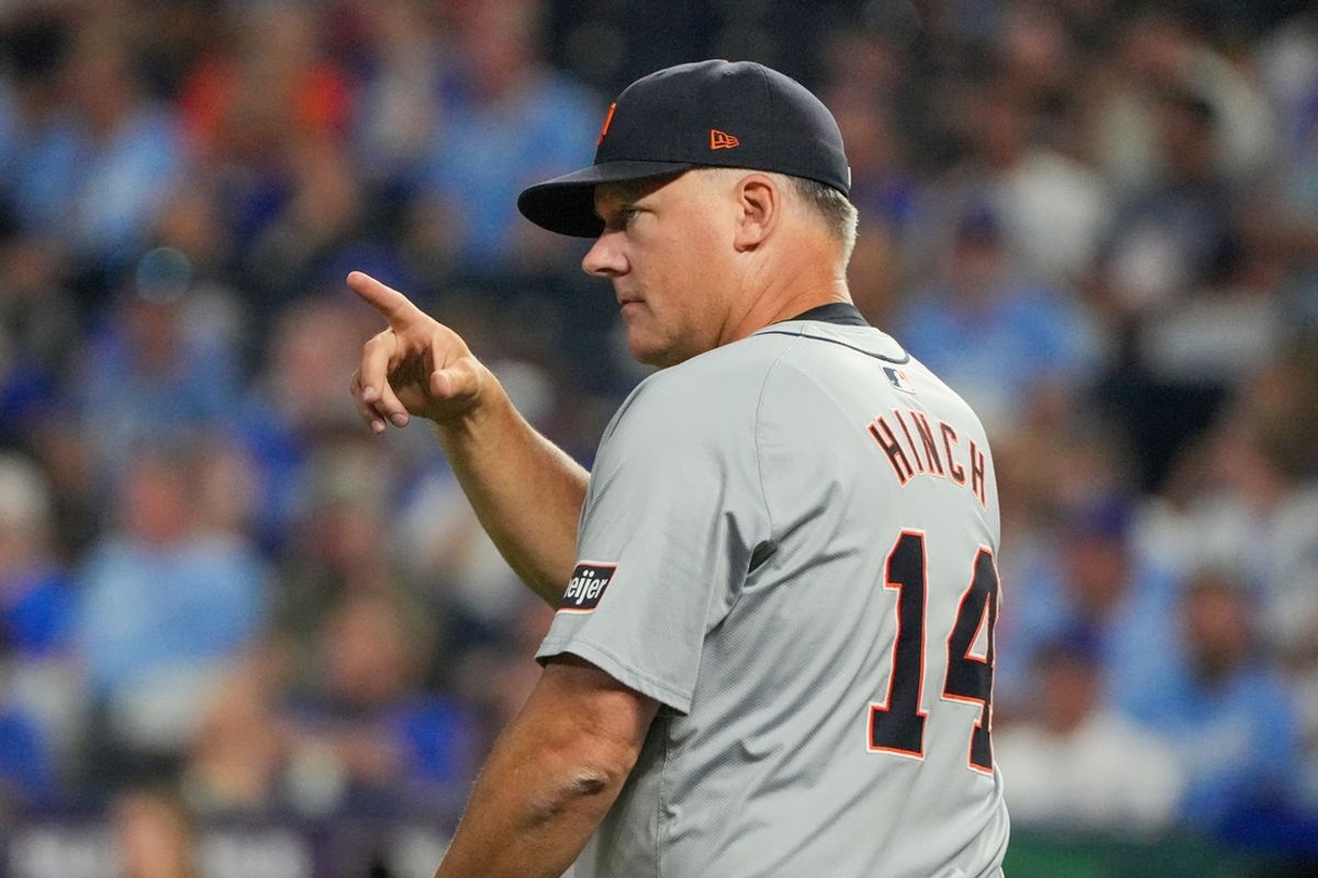 Sep 16, 2024; Kansas City, Missouri, USA; Detroit Tigers manager A.J. Hinch (14) gestures to the bullpen for a pitcher change against the Kansas City Royals in the eighth inning at Kauffman Stadium. Mandatory Credit: Denny Medley-Imagn Images