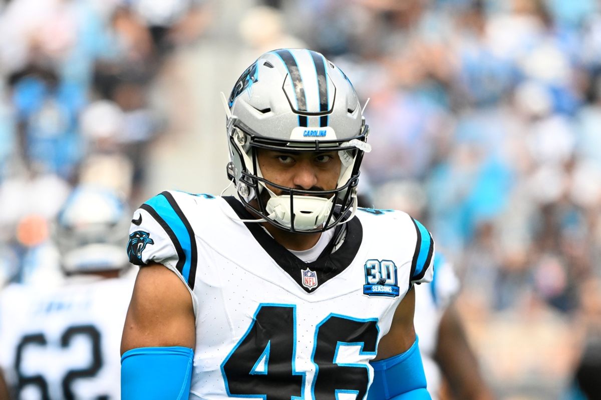 Sep 15, 2024; Charlotte, North Carolina, USA; Carolina Panthers linebacker Eku Leota (46) before the game at Bank of America Stadium. Mandatory Credit: Bob Donnan-Imagn Images