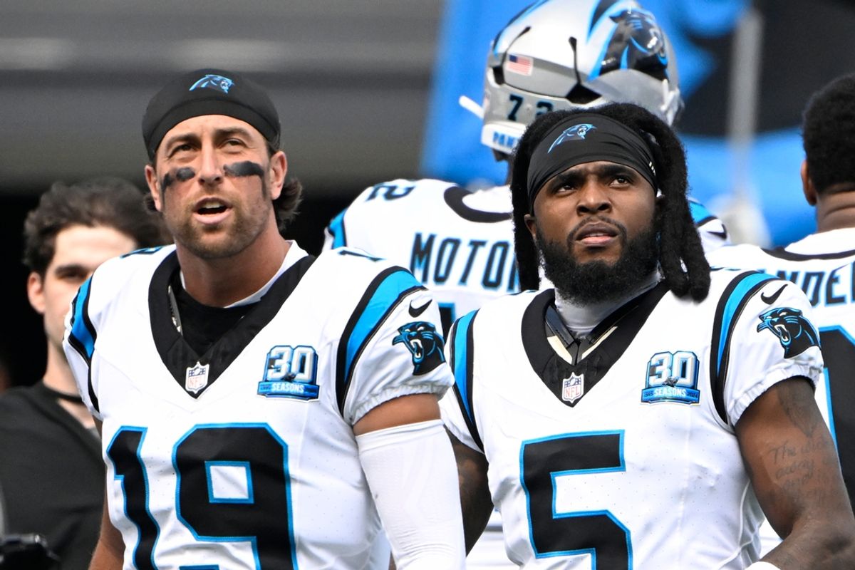 Sep 15, 2024; Charlotte, North Carolina, USA; Carolina Panthers wide receivers Adam Thielen (19) and Diontae Johnson (5) before the game at Bank of America Stadium. Mandatory Credit: Bob Donnan-Imagn Images