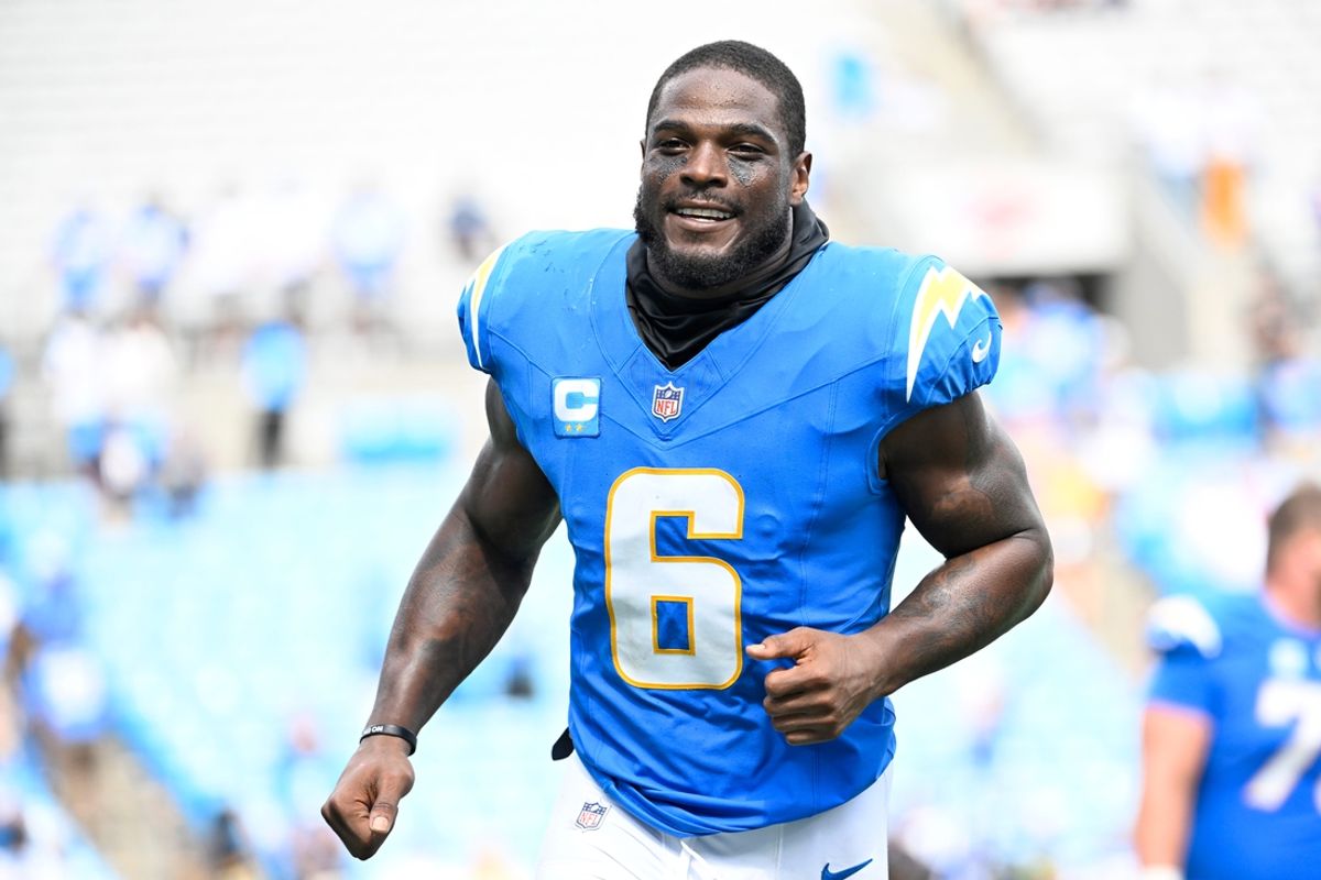 Sep 15, 2024; Charlotte, North Carolina, USA; Los Angeles Chargers linebacker Denzel Perryman (6) after the game at Bank of America Stadium. Mandatory Credit: Bob Donnan-Imagn Images