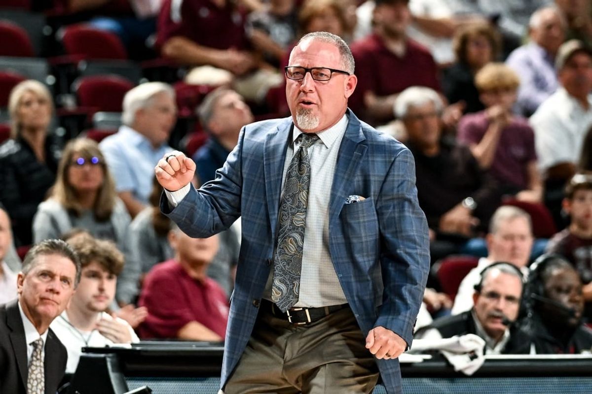 Nov 6, 2023; College Station, Texas, USA; Texas A&M Aggies head coach Buzz Williams reacts during the first half against the Texas A&M Commerce at Reed Arena.