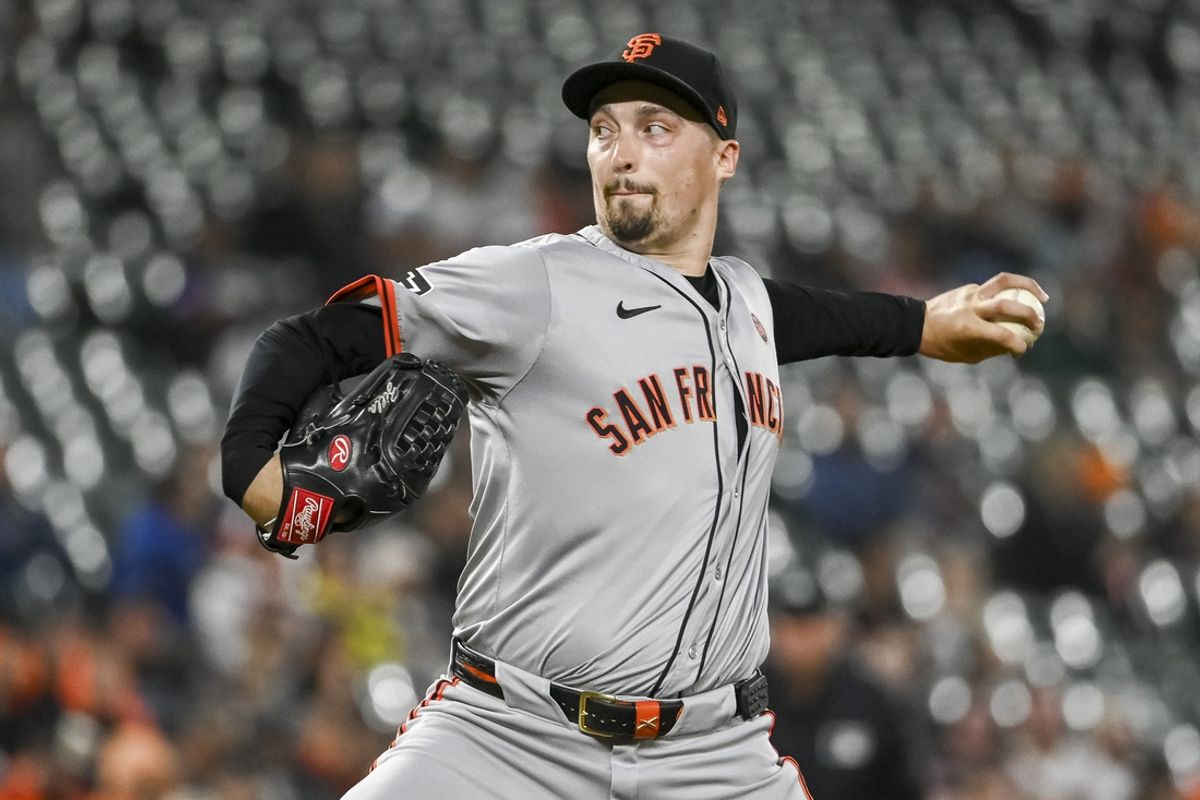 Sep 17, 2024; Baltimore, Maryland, USA;  San Francisco Giants pitcher Blake Snell (7) throws a second inning pitch against the Baltimore Orioles at Oriole Park at Camden Yards. Mandatory Credit: Tommy Gilligan-Imagn Images