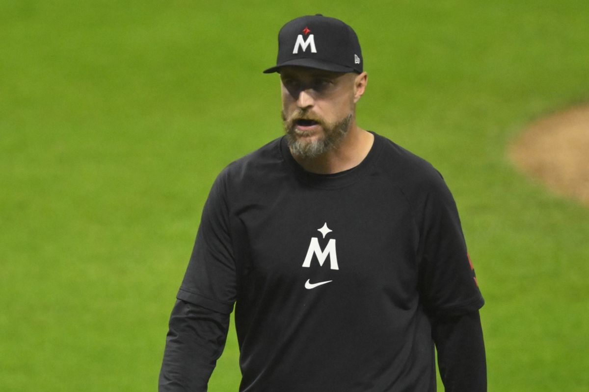 Sep 17, 2024; Cleveland, Ohio, USA; Minnesota Twins manager Rocco Baldelli (5) walks on the field during a pitching change in the fifth inning against the Cleveland Guardians at Progressive Field. Mandatory Credit: David Richard-Imagn Images