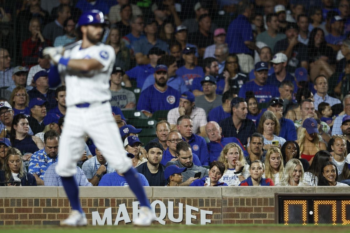 Sep 17, 2024; Chicago, Illinois, USA; Chicago Cubs shortstop Dansby Swanson (7) bats against the Oakland Athletics during the third inning at Wrigley Field. Mandatory Credit: Kamil Krzaczynski-Imagn Images