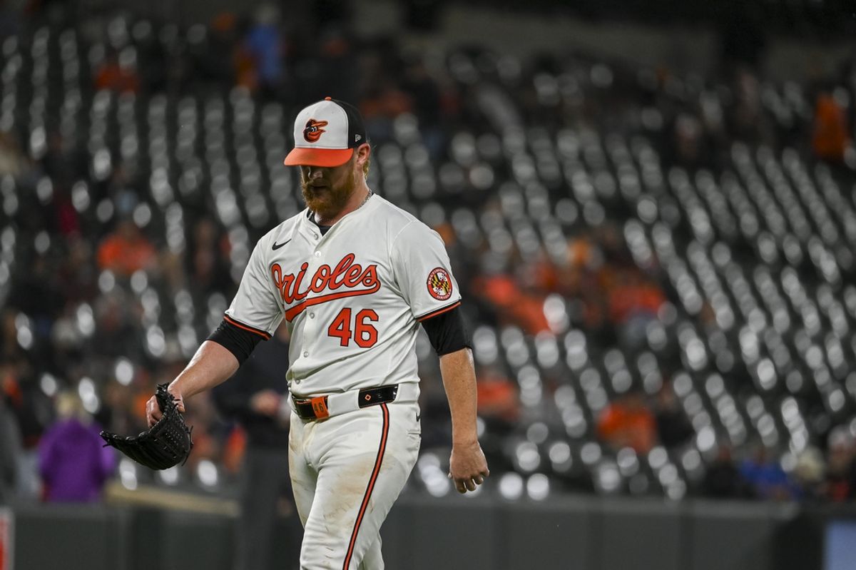 Sep 17, 2024; Baltimore, Maryland, USA; Baltimore Orioles pitcher Craig Kimbrel (46) walks off the field after being removed during the ninth inning against the San Francisco Giants  at Oriole Park at Camden Yards. Mandatory Credit: Tommy Gilligan-Imagn Images