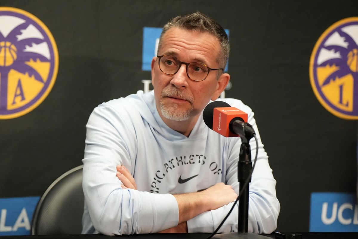 Sep 17, 2024; Los Angeles, California, USA; LA Sparks coach Curt Miller at press conference at Crypto.com Arena. Mandatory Credit: Kirby Lee-Imagn Images