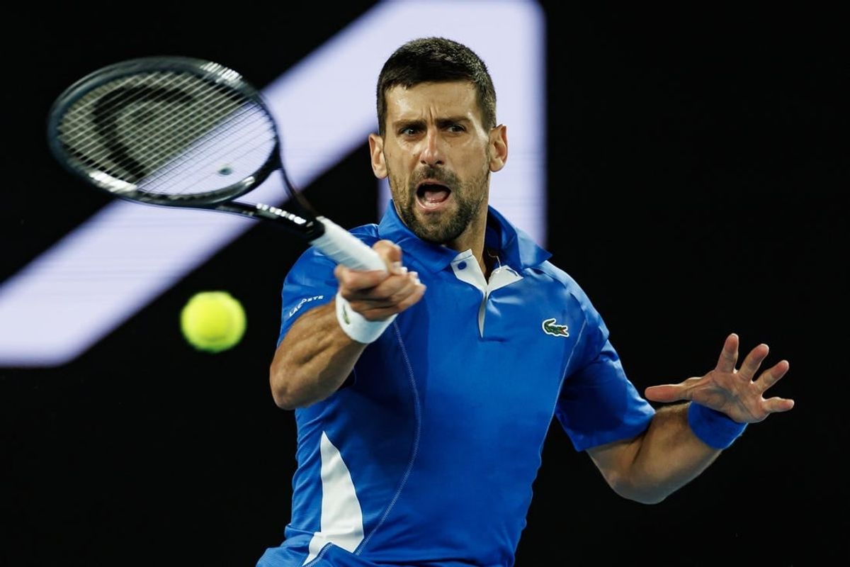 Jan 17, 2024; Melbourne, Victoria, Australia; Novak Djokovic Serbia plays a shot against Alexei Popyrin (not pictured) of Australia in Round 2 of the Men's Singles on Day 4 of the Australian Open tennis at Rod Laver Arena.