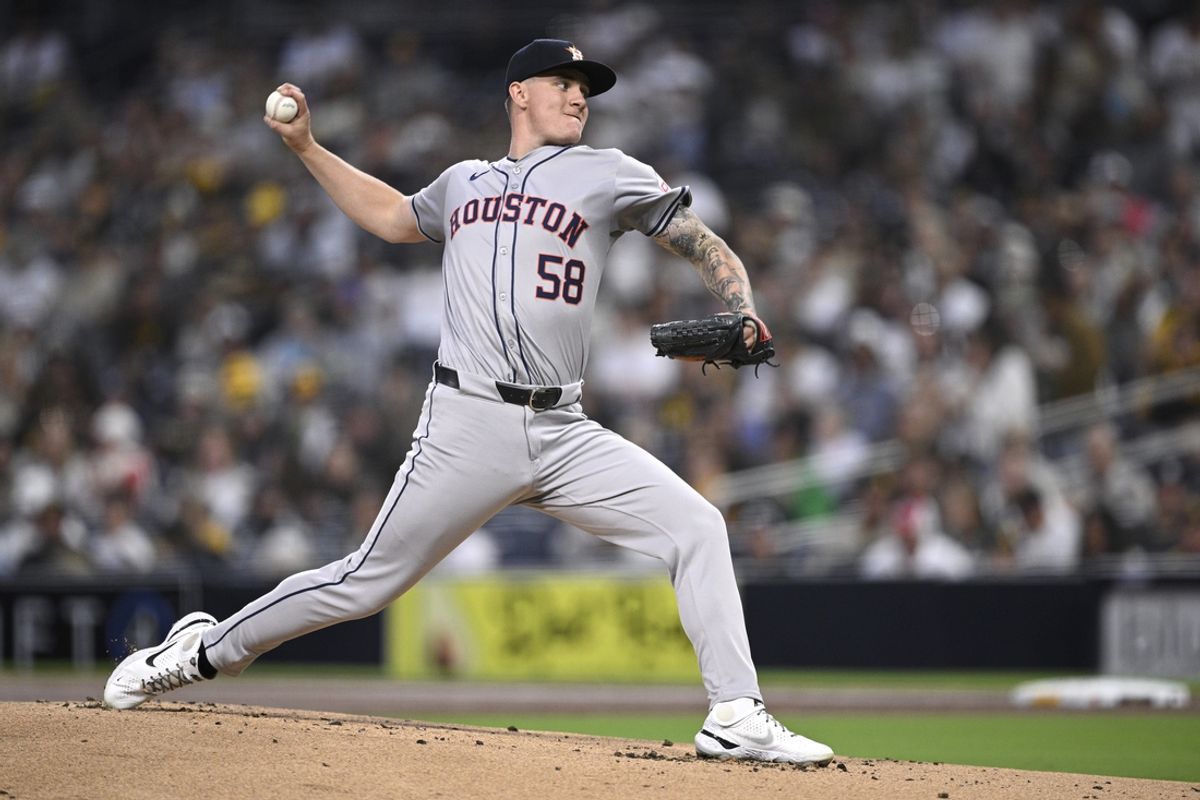 Sep 17, 2024; San Diego, California, USA; Houston Astros starting pitcher Hunter Brown (58) pitches against the San Diego Padres during the first inning at Petco Park. Mandatory Credit: Orlando Ramirez-Imagn Images