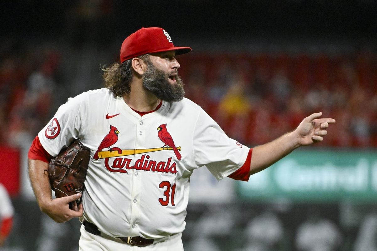 Sep 17, 2024; St. Louis, Missouri, USA;  St. Louis Cardinals starting pitcher Lance Lynn (31) reacts as he walks off the field after the sixth inning against the Pittsburgh Pirates at Busch Stadium. Mandatory Credit: Jeff Curry-Imagn Images