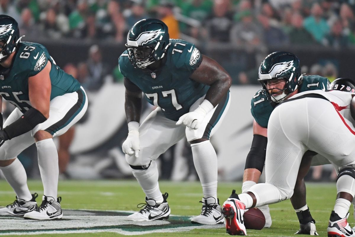 Sep 16, 2024; Philadelphia, Pennsylvania, USA; Philadelphia Eagles offensive tackle Mekhi Becton (77) against the Atlanta Falcons at Lincoln Financial Field. Mandatory Credit: Eric Hartline-Imagn Images