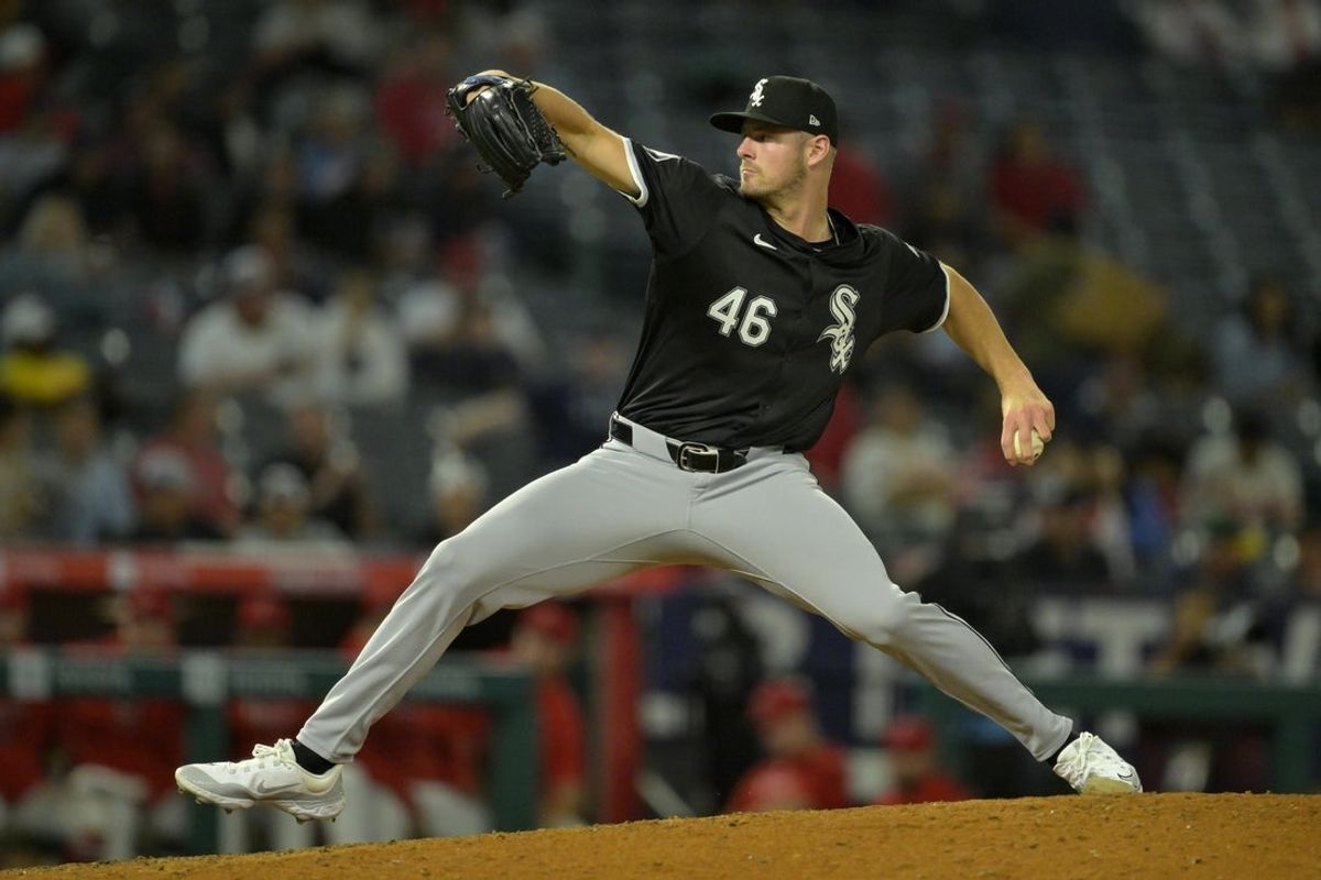Sep 17, 2024; Anaheim, California, USA;  Chicago White Sox relief pitcher Jake Eder (46) delivers to the plate in the eighth inning against the Los Angeles Angels at Angel Stadium. Mandatory Credit: Jayne Kamin-Oncea-Imagn Images