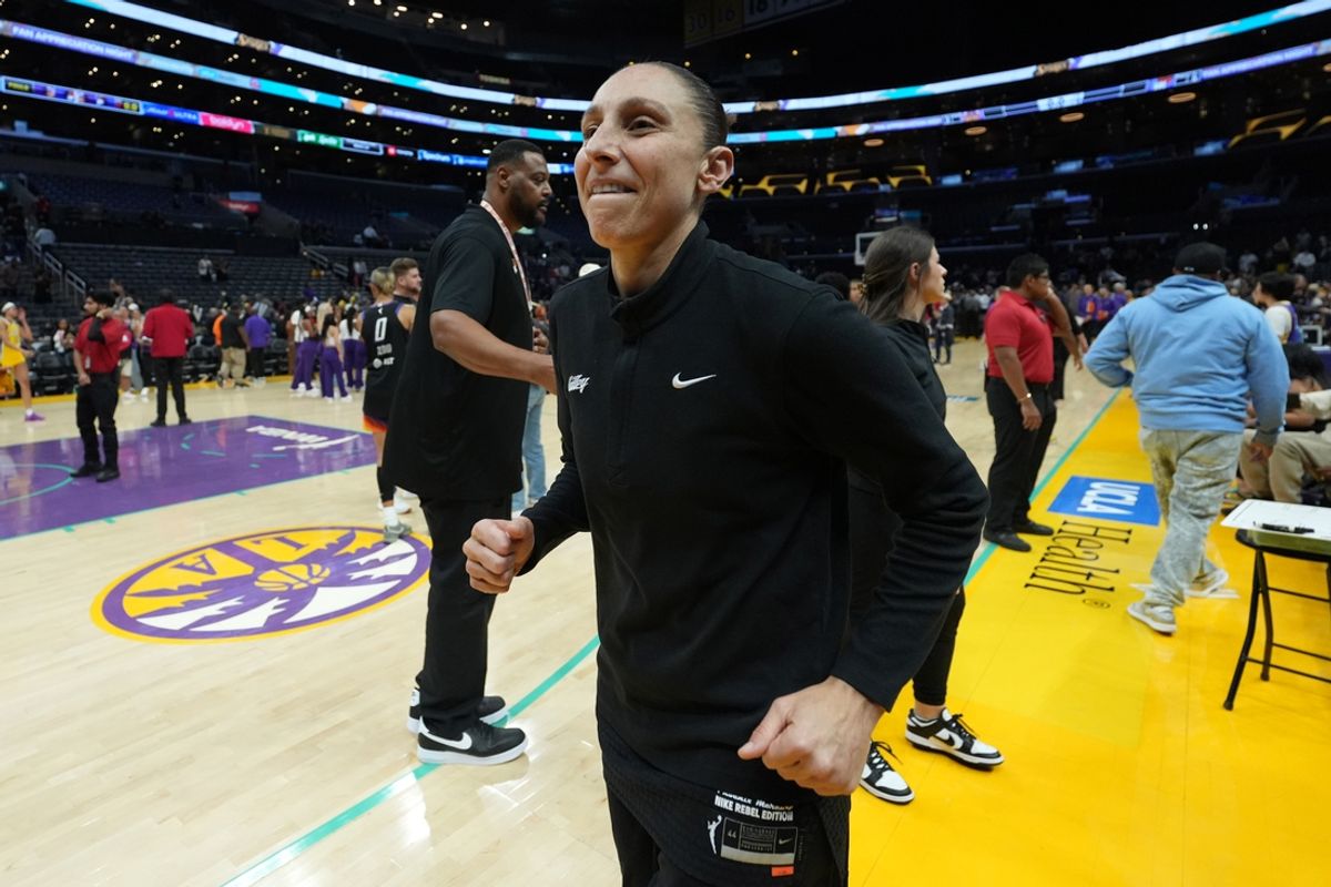 Sep 17, 2024; Los Angeles, California, USA; Phoenix Mercury guard Diana Taurasi (3) reacts after the game against the LA Sparks at Crypto.com Arena. Mandatory Credit: Kirby Lee-Imagn Images