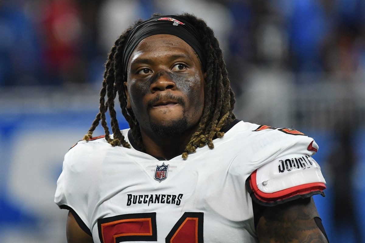 Sep 15, 2024; Detroit, Michigan, USA; Tampa Bay Buccaneers linebacker J.J. Russell (51) looks on after their game against the Detroit Lions at Ford Field. Mandatory Credit: Eamon Horwedel-Imagn Images