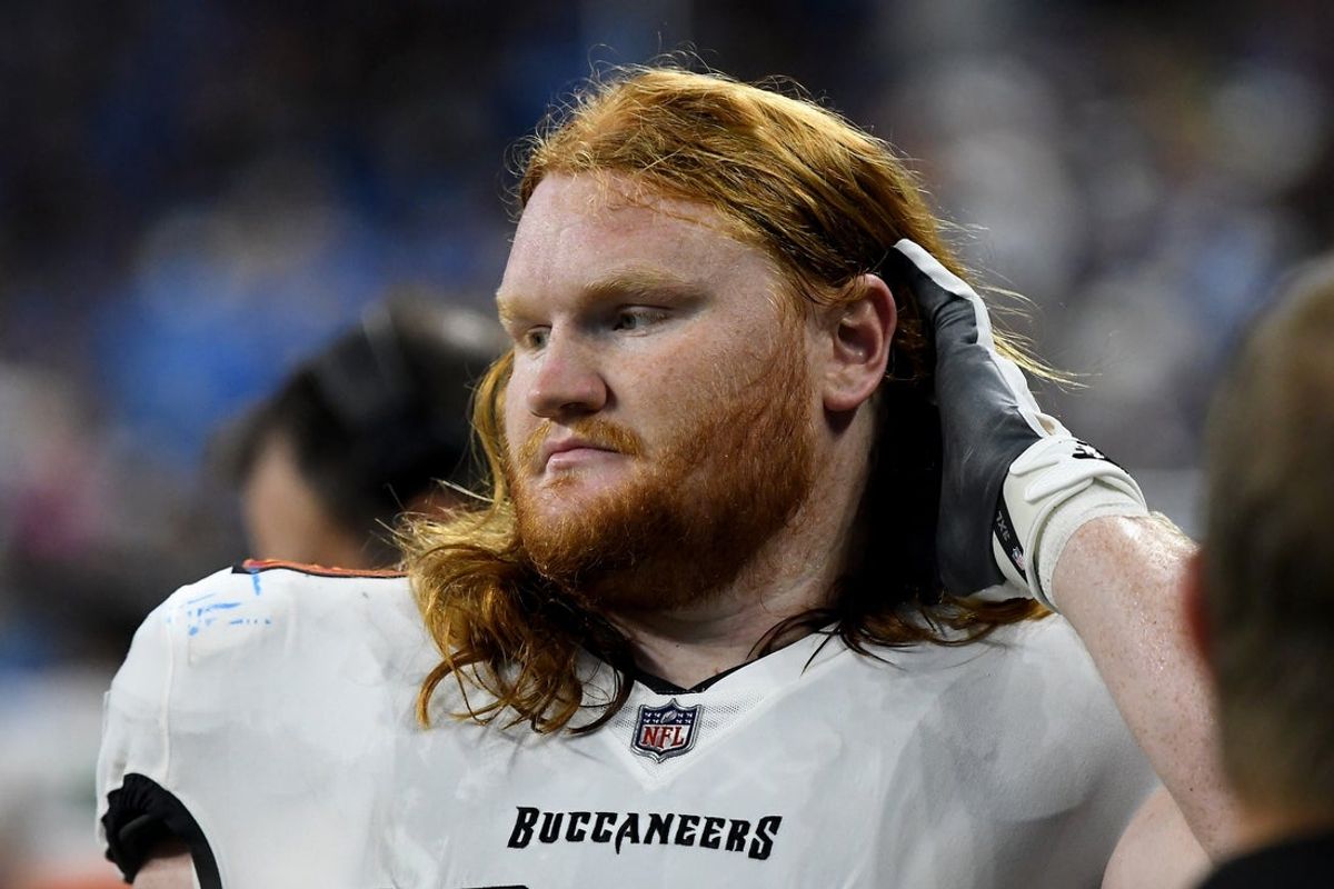 Sep 15, 2024; Detroit, Michigan, USA; Tampa Bay Buccaneers guard Cody Mauch (69) looks on before their game against the Detroit Lions at Ford Field. Mandatory Credit: Eamon Horwedel-Imagn Images