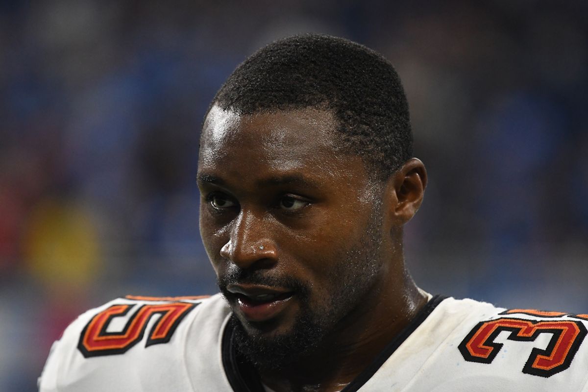 Sep 15, 2024; Detroit, Michigan, USA; Tampa Bay Buccaneers cornerback Jamel Dean (35) looks on after their game against the Detroit Lions at Ford Field. Mandatory Credit: Eamon Horwedel-Imagn Images
