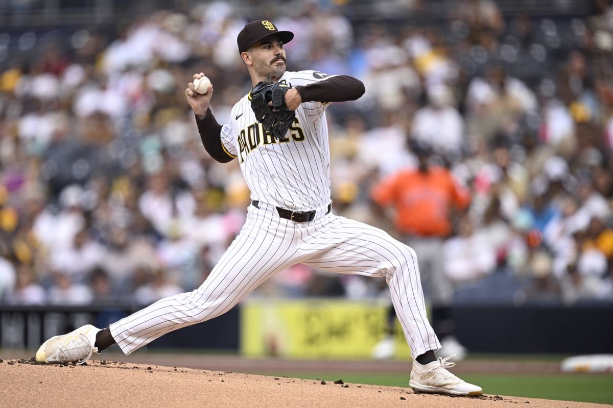Sep 18, 2024; San Diego, California, USA; San Diego Padres starting pitcher Dylan Cease (84) pitches against the Houston Astros during the first inning at Petco Park. Mandatory Credit: Orlando Ramirez-Imagn Images