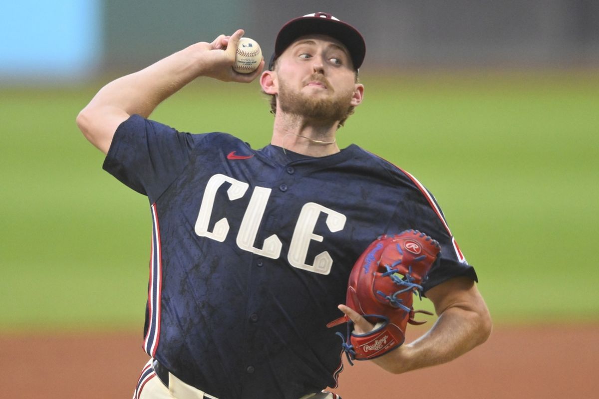 Sep 18, 2024; Cleveland, Ohio, USA; Cleveland Guardians starting pitcher Tanner Bibee (28) delivers a pitch in the first inning against the Minnesota Twins at Progressive Field. Mandatory Credit: David Richard-Imagn Images
