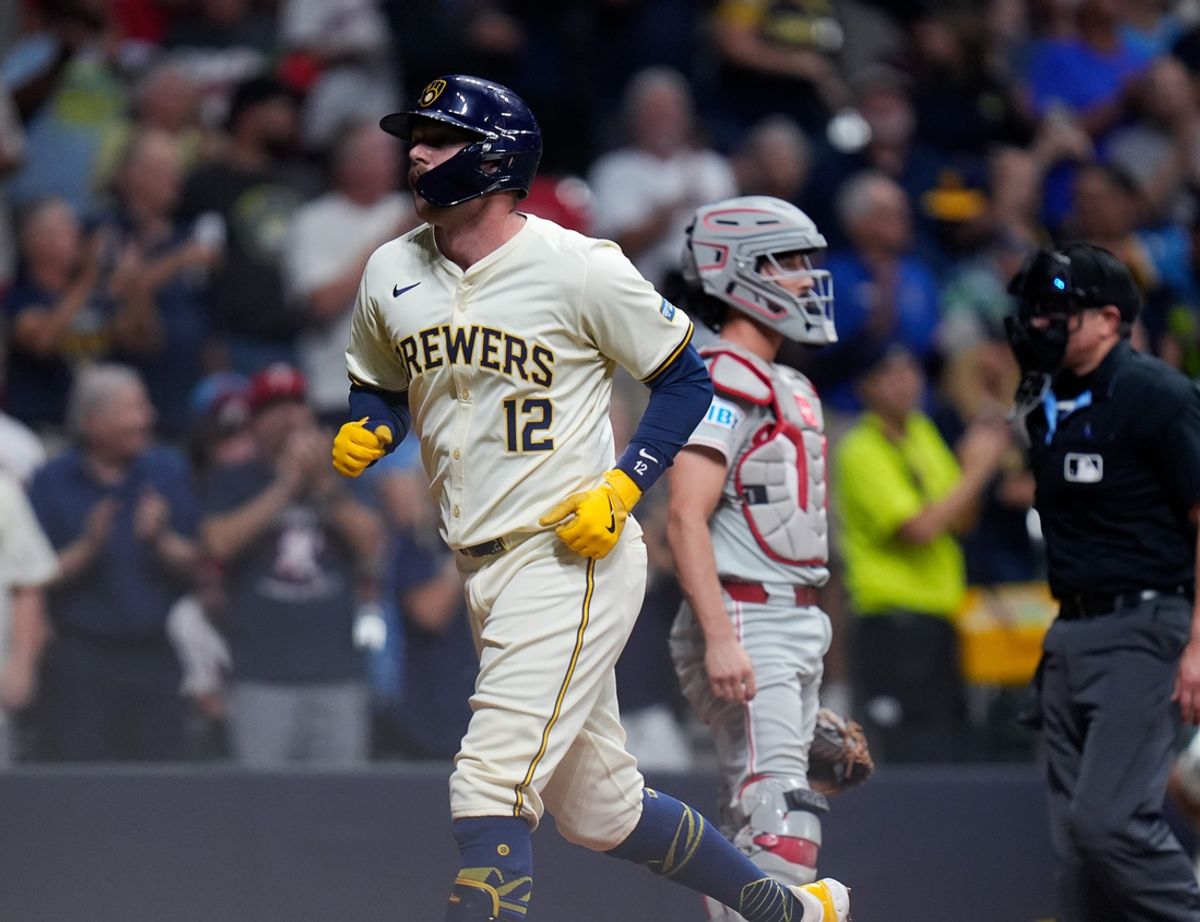 Milwaukee Brewers first base Rhys Hoskins (12) homers (25) on a fly ball to left center field during the fifth inning of the game against the Philadelphia Phillies on Wednesday September 18, 2024 at American Family Field in Milwaukee, Wis.