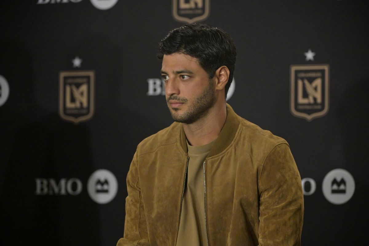 Sep 18, 2024; Los Angeles, California, USA; LAFC forward Carlos Vela (10) speaks in a press conference prior to the match against Austin FC at BMO Stadium. Mandatory Credit: Jayne Kamin-Oncea-Imagn Images