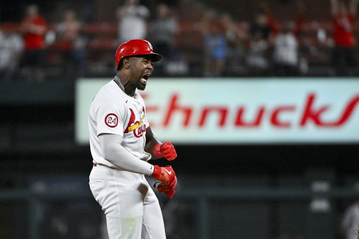 Sep 18, 2024; St. Louis, Missouri, USA;  St. Louis Cardinals right fielder Jordan Walker (18) reacts after hitting a three-run double against the Pittsburgh Pirates during the seventh inning at Busch Stadium. Mandatory Credit: Jeff Curry-Imagn Images