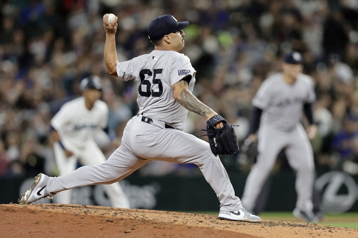 Sep 18, 2024; Seattle, Washington, USA; New York Yankees starting pitcher Nestor Cortes (65) throws against the Seattle Mariners during the fourth inning at T-Mobile Park. Mandatory Credit: John Froschauer-Imagn Images