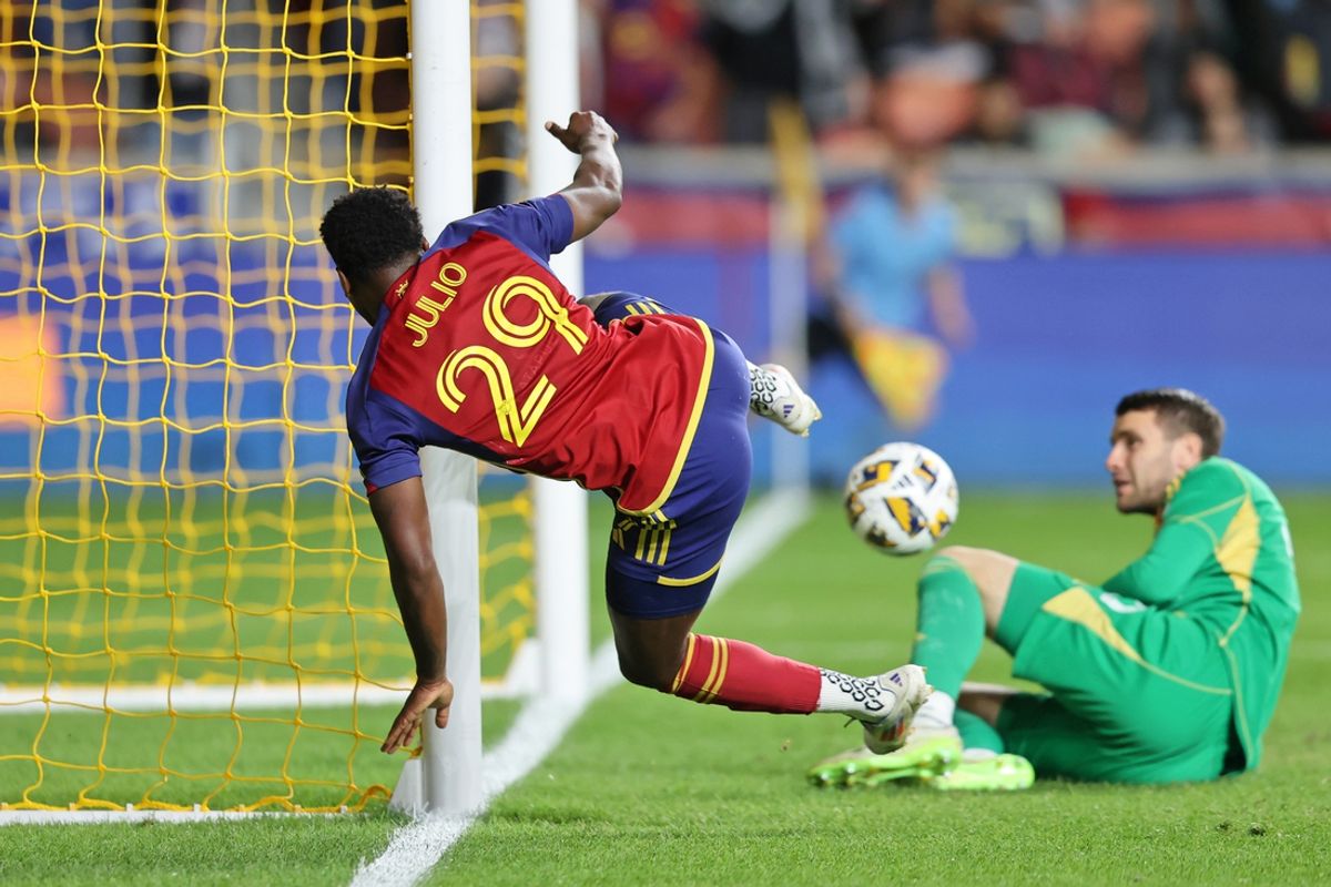 Sep 18, 2024; Sandy, Utah, USA; Real Salt Lake forward Anderson Julio (29) scores a goal against FC Dallas during the second half at America First Field. Mandatory Credit: Rob Gray-Imagn Images