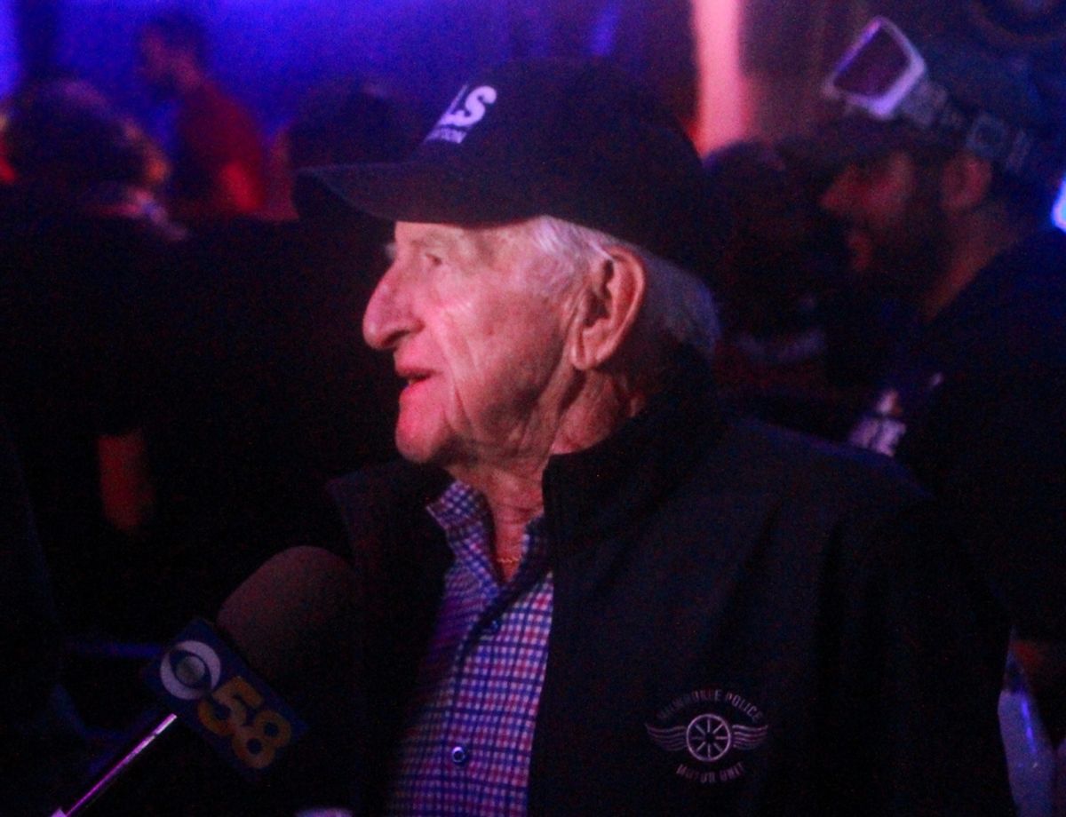 Milwaukee Brewers broadcaster Bob Uecker does an interview after the Brewers clinched the division title on September 18, 2024 at American Family Field.