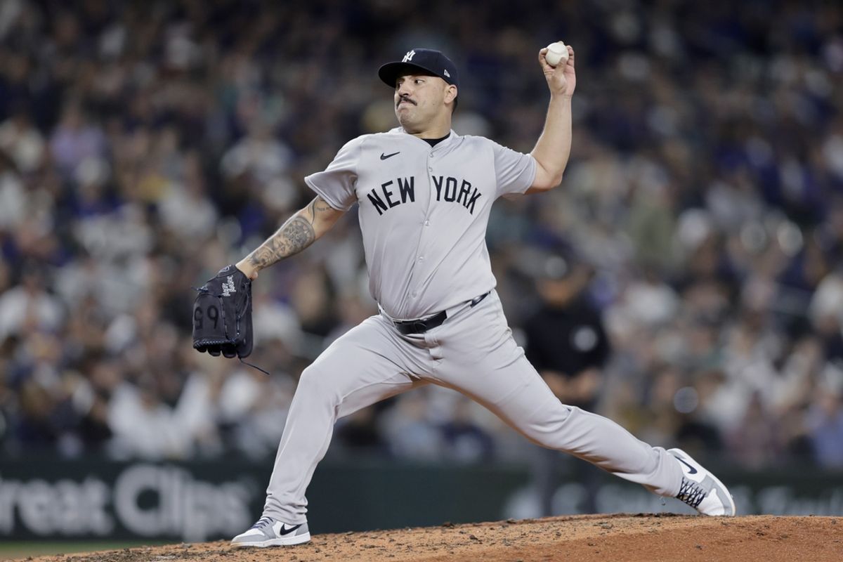 Sep 18, 2024; Seattle, Washington, USA; New York Yankees starting pitcher Nestor Cortes (65) throws against the Seattle Mariners during the fifth inning at T-Mobile Park. Mandatory Credit: John Froschauer-Imagn Images