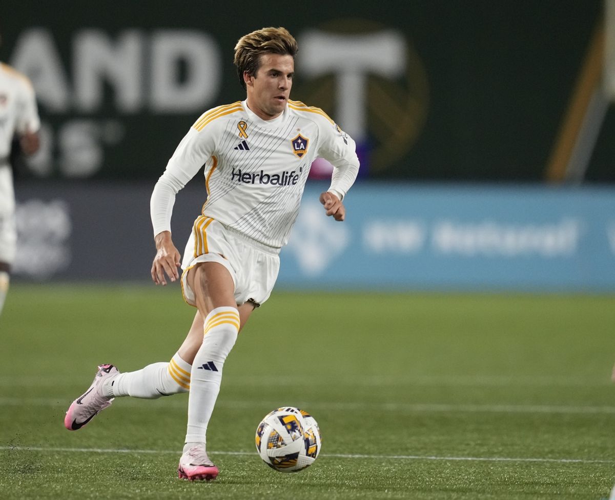 Sep 18, 2024; Portland, Oregon, USA; LA Galaxy forward Gabriel Pec (11) dribbles downfield during the second half against the Portland Timbers at Providence Park. Mandatory Credit: Soobum Im-Imagn Images