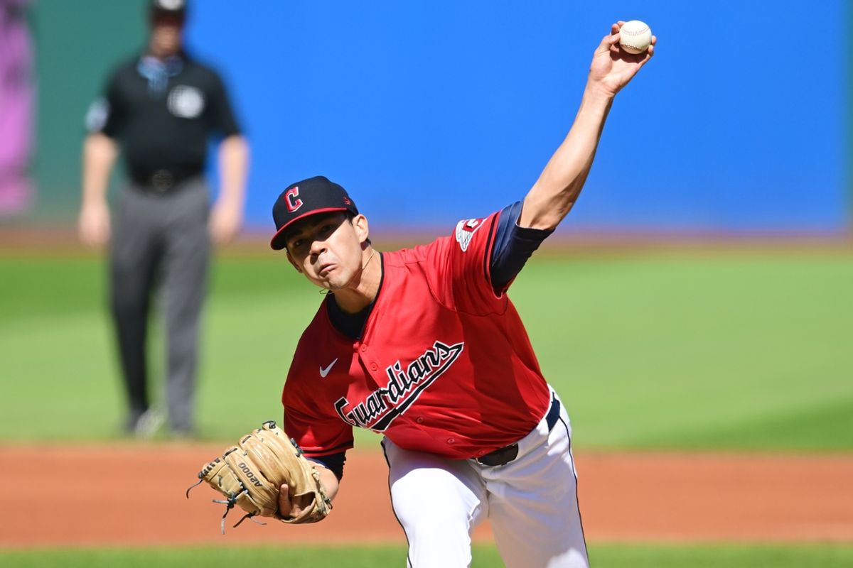 Sep 19, 2024; Cleveland, Ohio, USA; Cleveland Guardians starting pitcher Joey Cantillo (54) throws a pitch during the first inning against the Minnesota Twins at Progressive Field. Mandatory Credit: Ken Blaze-Imagn Images