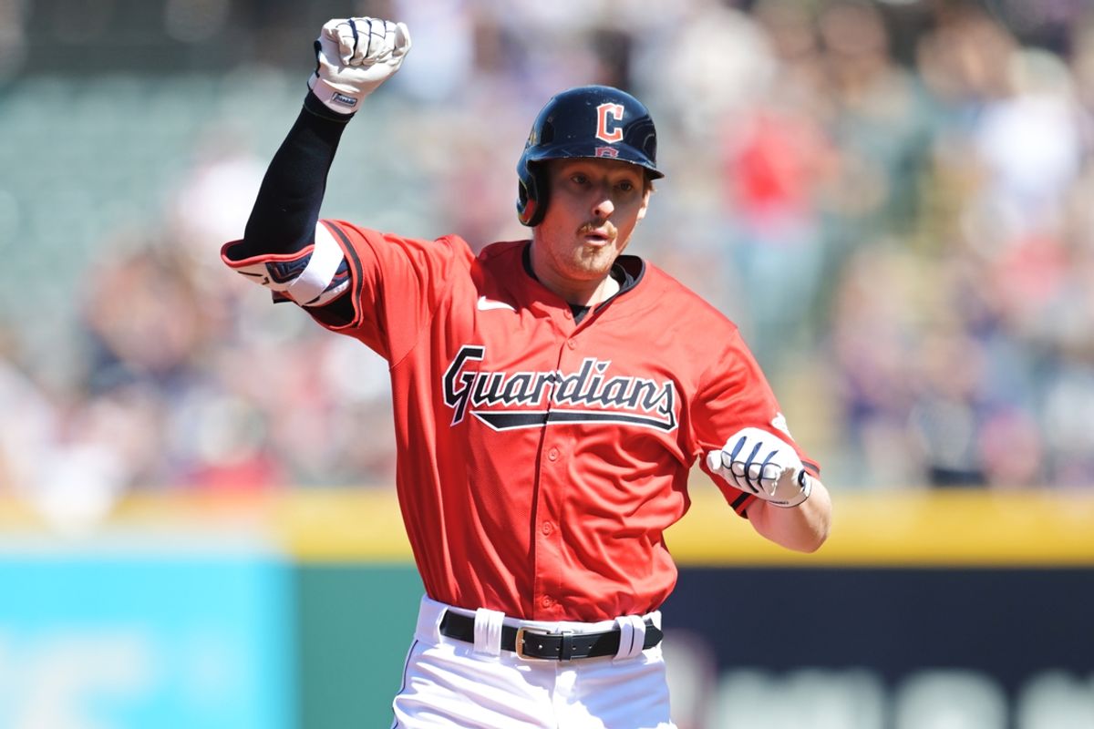 Sep 19, 2024; Cleveland, Ohio, USA; Cleveland Guardians designated hitter Kyle Manzardo (9) rounds the bases after hitting a home run during the first inning against the Minnesota Twins at Progressive Field. Mandatory Credit: Ken Blaze-Imagn Images