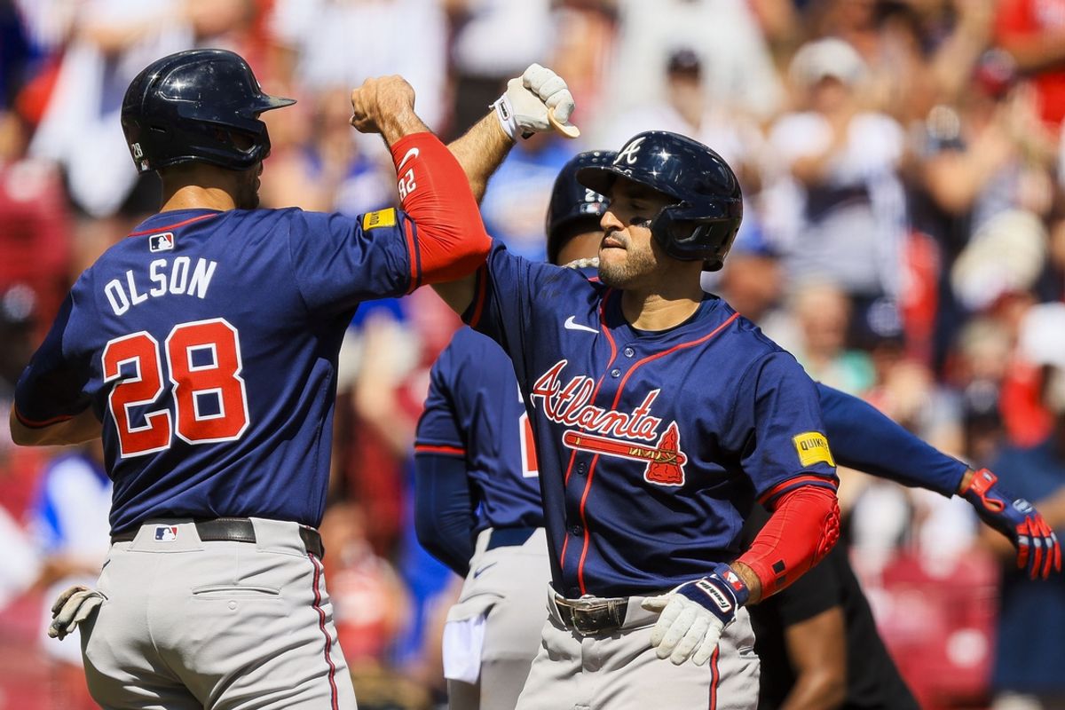 Sep 19, 2024; Cincinnati, Ohio, USA; Atlanta Braves outfielder Ramon Laureano (18) reacts with first baseman Matt Olson (28) after hitting a three-run home run in the third inning against the Cincinnati Reds at Great American Ball Park. Mandatory Credit: Katie Stratman-Imagn Images
