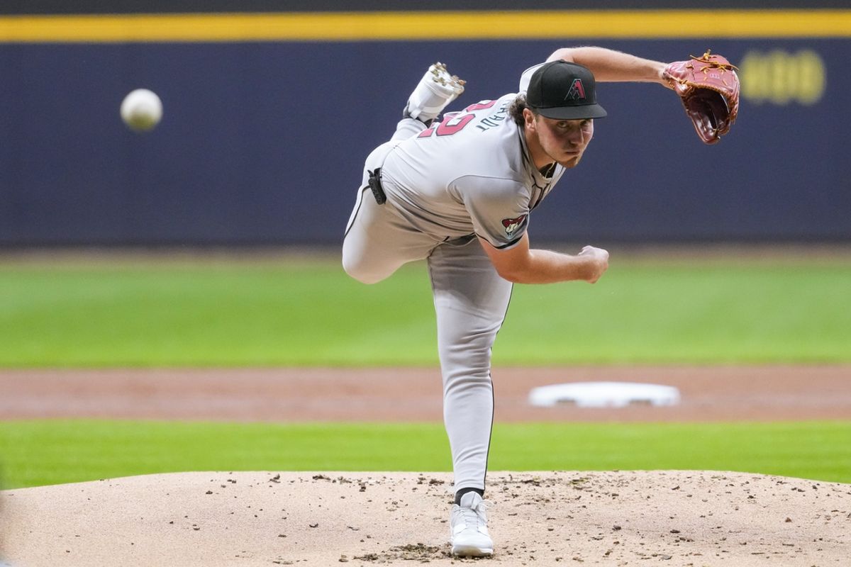Sep 19, 2024; Milwaukee, Wisconsin, USA;  Arizona Diamondbacks pitcher Brandon Pfaadt (32) throws a pitch during the first inning against the Milwaukee Brewers at American Family Field. Mandatory Credit: Jeff Hanisch-Imagn Images