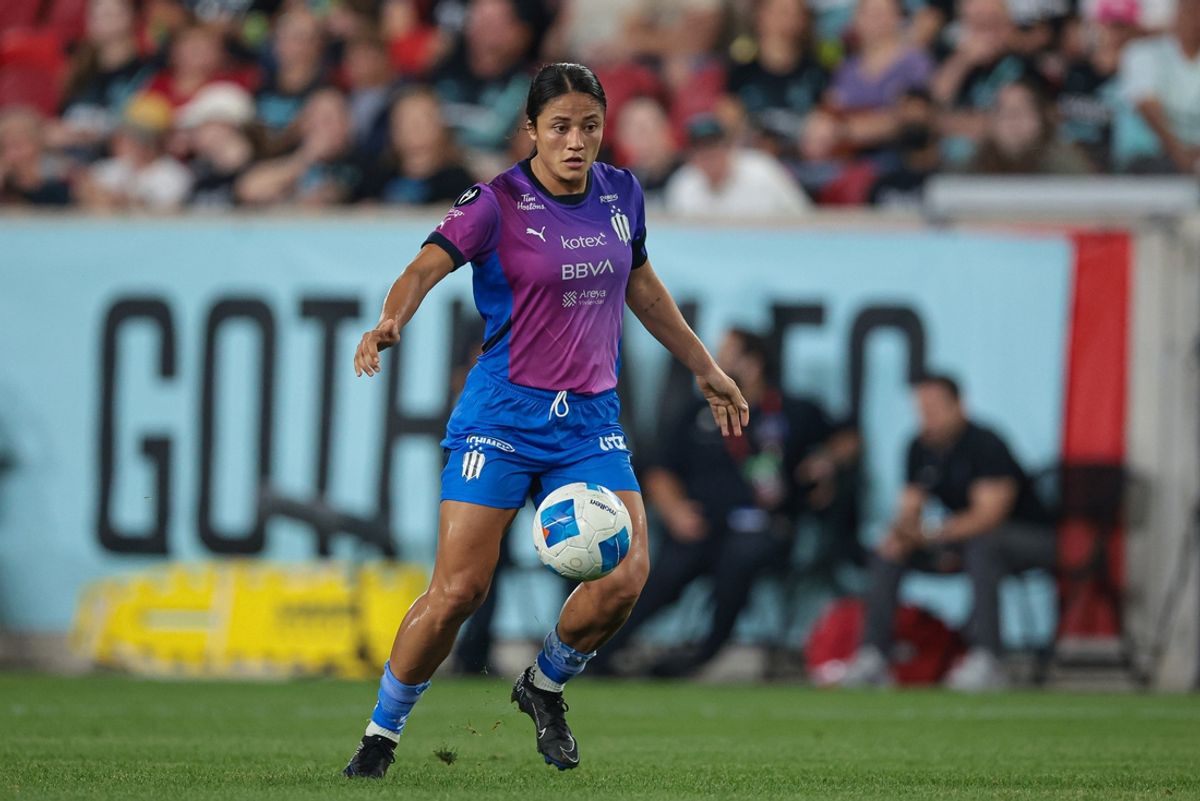 Sep 19, 2024; Harrison, NJ, USA; Monterrey defender Rebeca Bernal (4) controls the ball against NJ/NY Gotham FC during the second half of a Concacaf Champions Cup match at Red Bull Arena. Mandatory Credit: Vincent Carchietta-Imagn Images