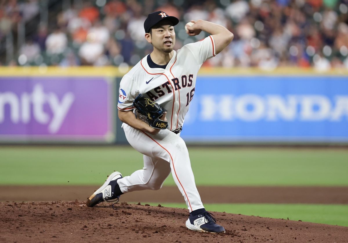 Sep 19, 2024; Houston, Texas, USA;  Houston Astros starting pitcher Yusei Kikuchi (16) pitches against the Los Angeles Angels in the third inning at Minute Maid Park. Mandatory Credit: Thomas Shea-Imagn Images