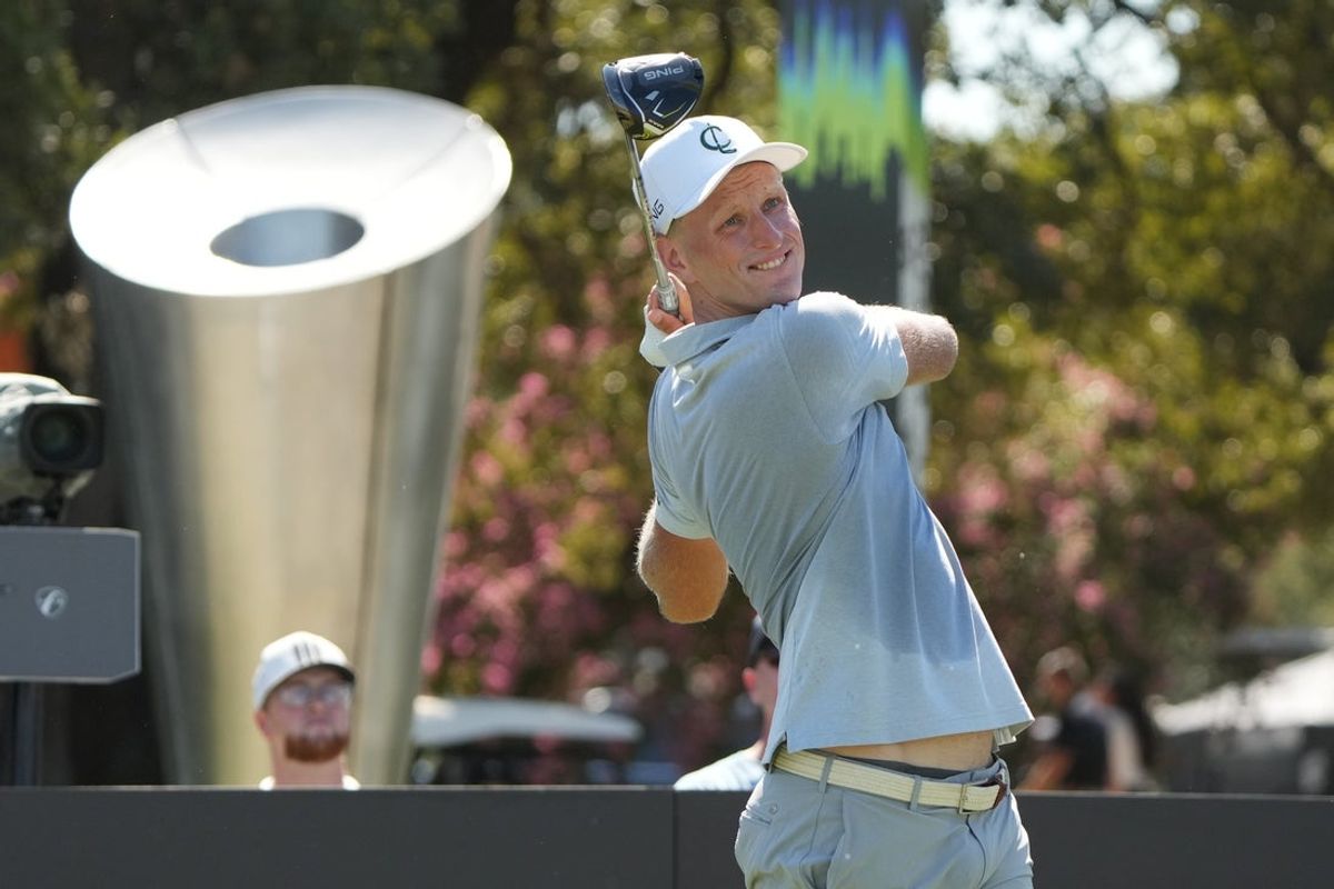 Sep 20, 2024; Carrolton, Texas, USA; Adrian Meronk plays his shot from the tenth tee during the LIV Golf Dallas Team Championship at Maridoe Golf Club. Mandatory Credit: Jim Cowsert-Imagn Images