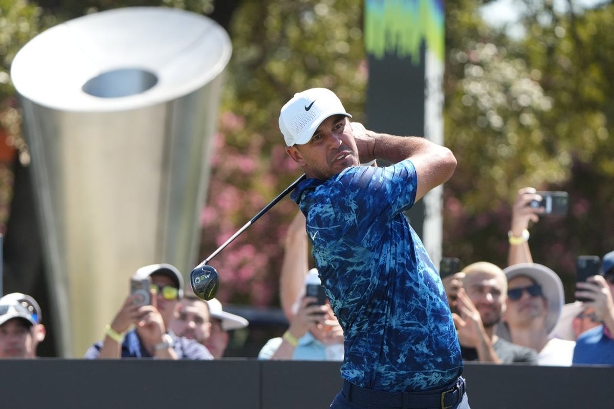 Sep 20, 2024; Carrolton, Texas, USA; Brooks Koepka plays his shot from the tenth tee during the LIV Golf Dallas Team Championship at Maridoe Golf Club. Mandatory Credit: Jim Cowsert-Imagn Images