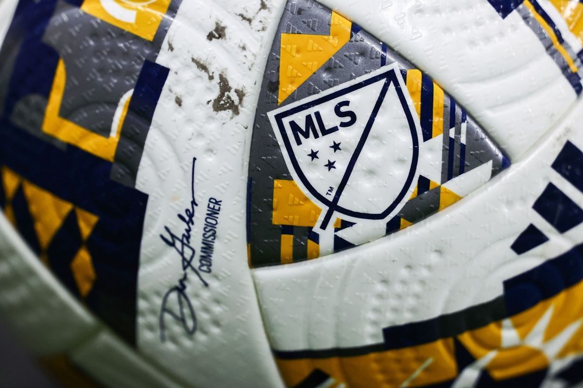 Sep 18, 2024; Nashville, Tennessee, USA; General view of the MLS logo on the side of a match ball in the match between Nashville SC and Chicago Fire at Geodis Park. Mandatory Credit: Casey Gower-Imagn Images