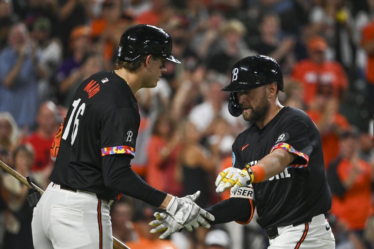 Sep 20, 2024; Baltimore, Maryland, USA;  Baltimore Orioles outfielder Colton Cowser (17) celebrates with first baseman Coby Mayo (16) after hitting a second inning solo home run against the Detroit Tigers at Oriole Park at Camden Yards. Mandatory Credit: Tommy Gilligan-Imagn Images