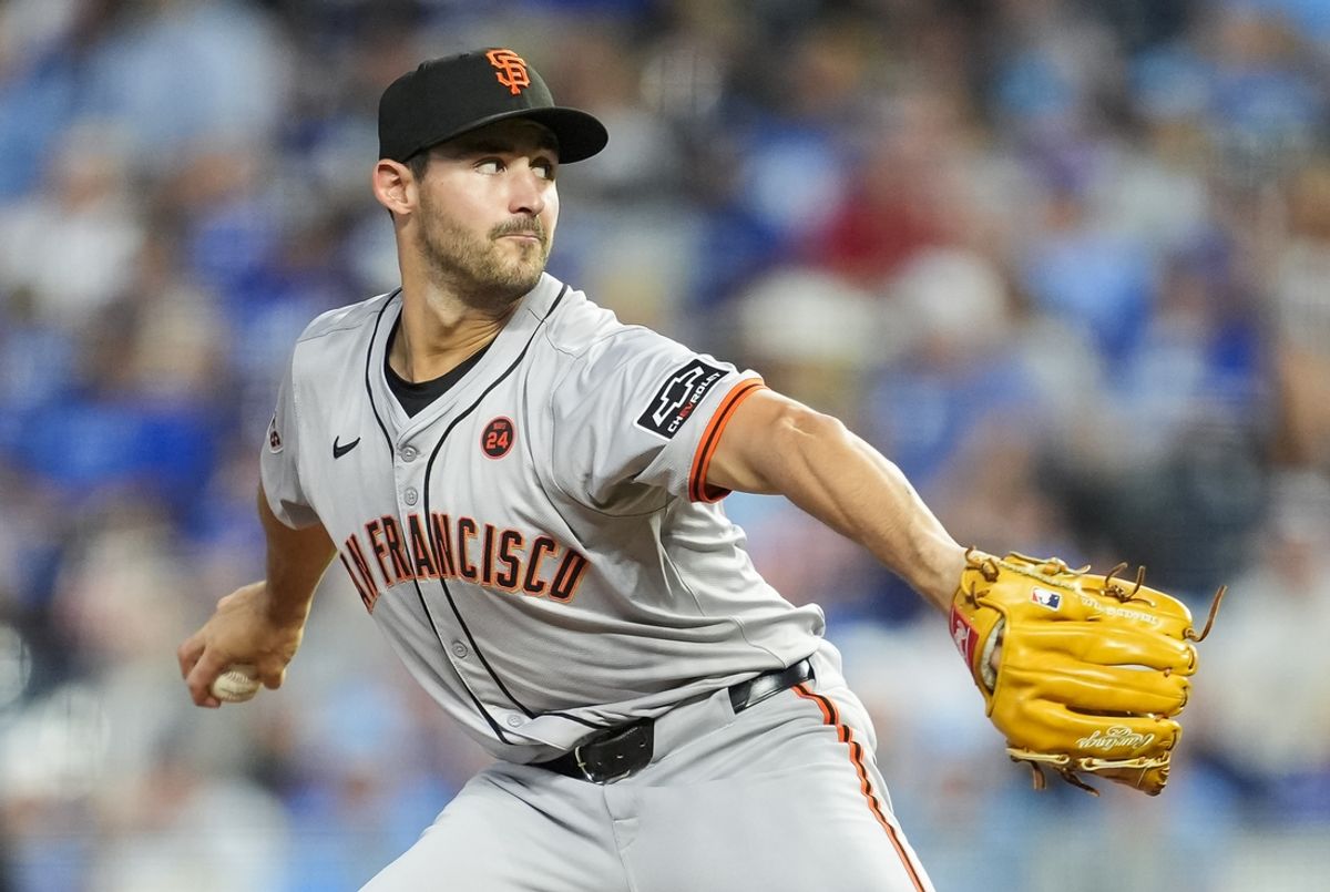 Sep 20, 2024; Kansas City, Missouri, USA; San Francisco Giants starting pitcher Mason Black (47) pitches during the first inning against the Kansas City Royals at Kauffman Stadium. Mandatory Credit: Jay Biggerstaff-Imagn Images